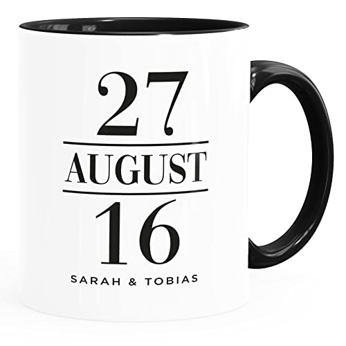 SpecialMe® personalisierte Kaffee-Tasse Geschenk zur Hochzeit mit Namen und Datum Hochzeitsgeschenk Hochzeitstag weiß-innen-schwarz Keramik-Tasse von SpecialMe