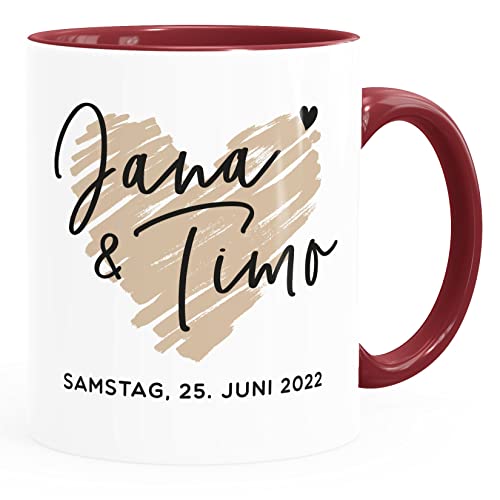 SpecialMe® personalisierte Kaffee-Tasse Herz mit Namen und Datum Geschenk Hochzeit Hochzeitstag Jahrestag weiss-innen-bordeauxrot standard von SpecialMe