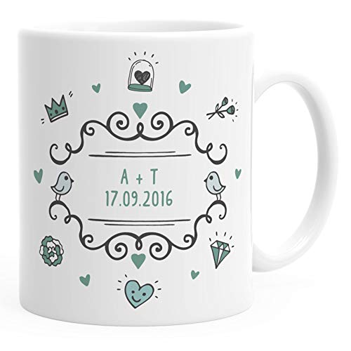 SpecialMe® personalisierte Kaffeetasse Name und Datum Initialen oder Wunschtext anpassbarer Text individuelle Geschenke weiß-grün Keramik-Tasse von SpecialMe