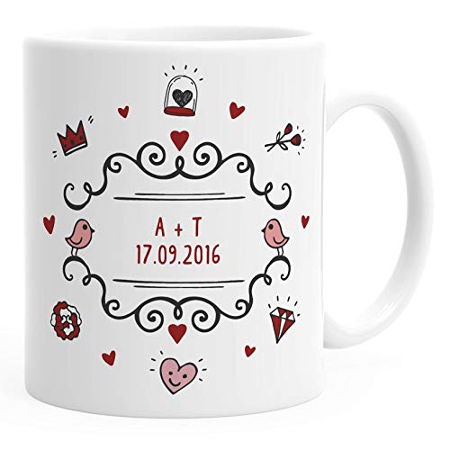 SpecialMe® personalisierte Kaffeetasse Name und Datum Initialen oder Wunschtext anpassbarer Text individuelle Geschenke weiß-rot Keramik-Tasse von SpecialMe