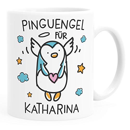 SpecialMe® personalisierte Kaffeetasse Pinguengel Engel Pinguin Schutzengel mit Name Namenstasse Glücksbringer Geschenk uni - weiß Keramik-Tasse von SpecialMe