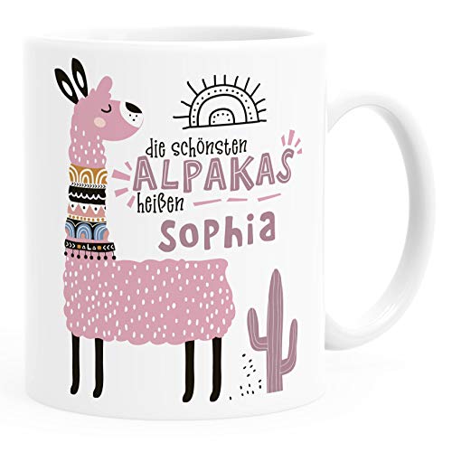 SpecialMe®Kaffeetasse Spruch Die schönsten Alpakas heißen eigener Name personalisierte Namenstasse iLama ndividuelle Namensgeschenke weiß-rosa Keramik-Tasse von SpecialMe