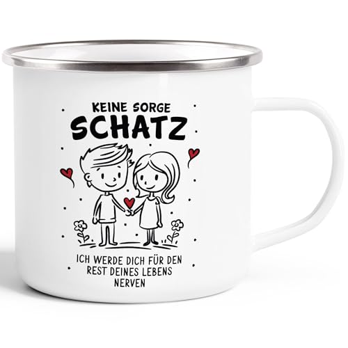 SpecialMeEmaille-TasseTasse Liebe Geschenk Lustig Keine Sorge Schatz Strichmännchen Paar Jahrestag Valentinstag emaille-weiß-silber standard von SpecialMe