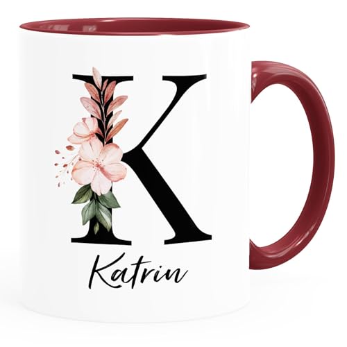 SpecialMeKaffee-Tasse Monogramm Initiale mit Namen personalisiert Blumen Blüten Dekor Floral Buchstabe Uni weiss-innen-bordeauxrot standard von SpecialMe