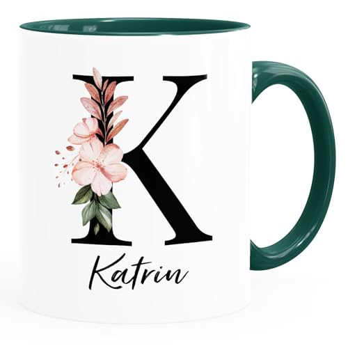 SpecialMeKaffee-Tasse Monogramm Initiale mit Namen personalisiert Blumen Blüten Dekor Floral Buchstabe Uni weiß-innen-grün standard von SpecialMe