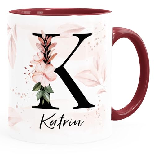 SpecialMeKaffee-Tasse Monogramm Initiale mit Namen personalisiert Blumen Blüten Dekor Floral Buchstabe floral weiss-innen-bordeauxrot standard von SpecialMe