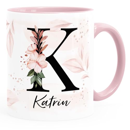 SpecialMeKaffee-Tasse Monogramm Initiale mit Namen personalisiert Blumen Blüten Dekor Floral Buchstabe floral weiss-innen-rosa standard von SpecialMe