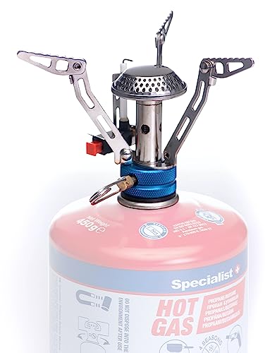 Specialist+ Stabiler Mini Campingkocher auf dem Boden - Gaskocher Outdoor 7/16 - Camping Gaskocher mit automatischer Zündung und Flammenregler - aus Edelstahl - Leistung 4800 W - Gasverbrauch 3 g/min von Specialist+