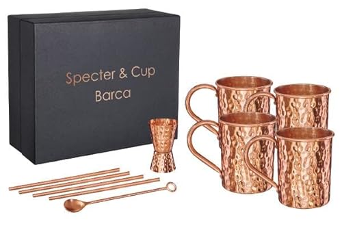 Specter Kupferbecher Barca 4er Set 500ml mit Zubehör, 100% reines Kupfer, Cocktailbecher, Barset von Specter