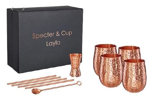 Specter Kupferbecher Layla 4er Set 500ml mit Zubehör, 100% reines Kupfer, Cocktailbecher, Barset von Specter