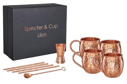 Specter Kupferbecher Moscow Mule 4er Set 500ml mit Zubehör, 100% reines Kupfer, Cocktailbecher, Barset von Specter