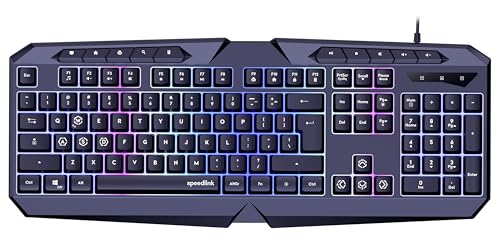 Speedlink LUDICIUM RGB Rainbow Gaming Keyboard - RGB Gaming Tastatur mit Kabel, US Layout QWERTY, Windows Key Lock, WASD-Switch, 10 Multimediatasten, kabelgebunden, schwarz von Speedlink