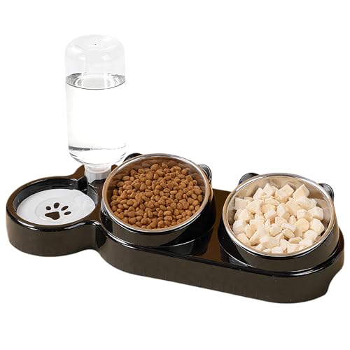 3 in 1 Katzenfutter und Wassernapf Set, geneigte Edelstahlnäpfe mit Ständer, Doppelte Futternäpfe mit Wasserspender, Haustier Futterstation für Katzen Kleine Hunde, Schwarz von Speedy Panther