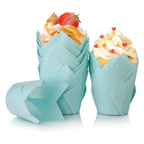 Spesh 100 Stücke Papier Muffinförmchen in Tulpenform Cupcake Formen Tulpe Einweg-Backbecher für Hochzeiten Geburtstag Osterfeier Familientreffen (Blau) von Spesh