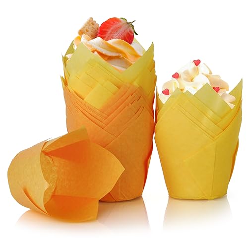 Spesh 100 Stücke Papier Muffinförmchen in Tulpenform Cupcake Formen Tulpe Einweg-Backbecher für Hochzeiten Geburtstag Osterfeier Familientreffen (Orange+Gelb) von Spesh