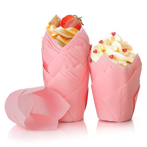 Spesh 100 Stücke Papier Muffinförmchen in Tulpenform Cupcake Formen Tulpe Einweg-Backbecher für Hochzeiten Geburtstag Osterfeier Familientreffen (Pink) von Spesh