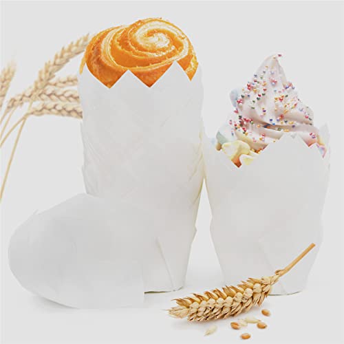 Spesh 100 Stücke Papier Muffinförmchen in Tulpenform Cupcake Formen Tulpe Einweg-Backbecher für Hochzeiten Geburtstag Osterfeier Familientreffen (Weiß) von Spesh