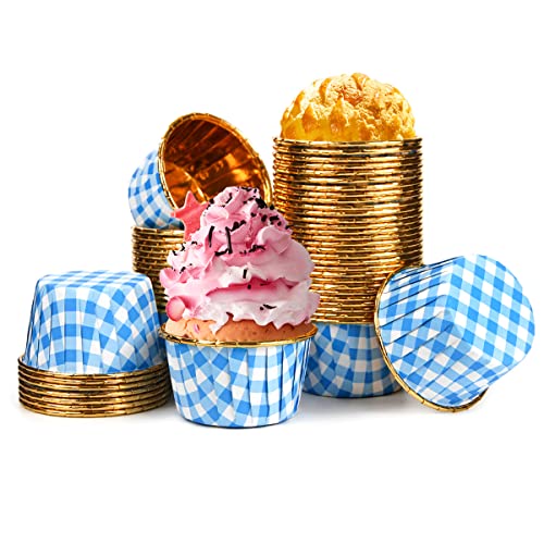 Spesh 50 Stücke Mini Cupcake Formen Papier Muffinförmchen Gold mit Gittermuster für Hochzeiten,Geburtstage,Weihnachten (Blau Gitter) von Spesh