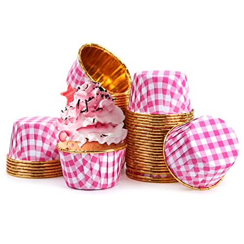 Spesh 50 Stücke Mini Cupcake Formen Papier Muffinform Pappbecher mit Gittermuster für Hochzeiten,Geburtstage,Weihnachten (Rosa Gitter) von Spesh