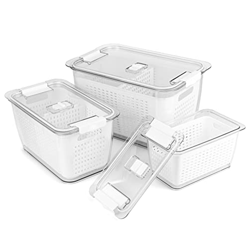 Spesh Frischhaltedosen Set Kühlschrank Organizer Wiederverwendbar Vorratsdosen 3er-Set (2L+4L+5.8L) Kunststoff Kühlschrank Organizer Set mit Deckel und Abtropfsieb (Weiß,3er Set) von Spesh