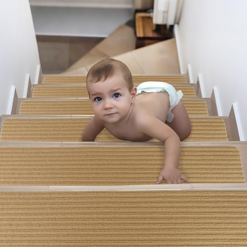 Spesh Textilfaser Stufenmatten 76x20 cm Treppenstufen Matten Anti-Rutsch Treppenteppich ideal für Holztreppen innen-15 Stück,Selbstklebend & Zuschneidbar(Beige Streif) von Spesh