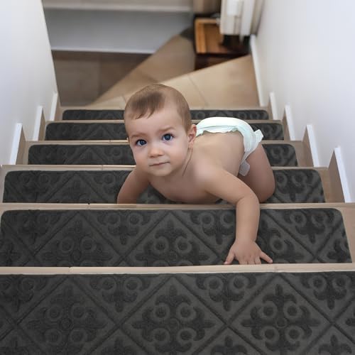 Spesh Textilfaser Stufenmatten 76x20 cm Treppenstufen Matten Anti-Rutsch Treppenteppich ideal für Holztreppen innen-15 Stück,Selbstklebend & Zuschneidbar(Grau Europäische Prägung) von Spesh