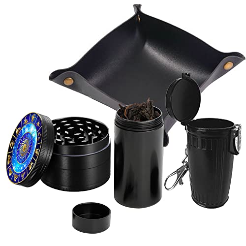 Herb Grinder Set, Spespo Gewürzmühle Schwarz Metall Zinklegierung 4-teilig 2.0 Zoll (5cm) Sternbildnenmuster mit Mini-Aschenbecher und versiegeltem Glas und Leder-Rolltablett von Spespo