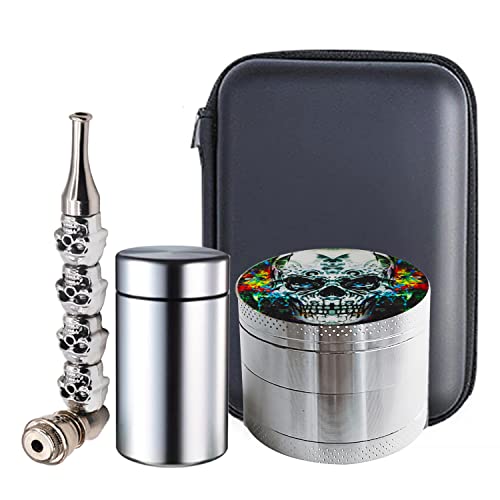 Grinder Crusher Set, Gewürze Kräutermühle, Spespo Pollen Grinder 4-teilig, Totenkopf Muster, mit Stash Jar, Schädel Pfeifen, für Spice, Kräuter, Pollen, Blüten, Gewürze, (Schwarzer Reißverschlussbox) von Spespo