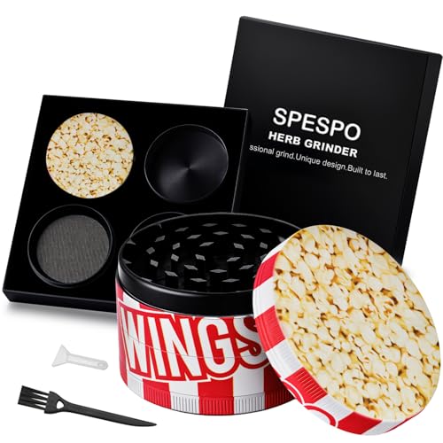Spespo Grinder Groß Crusher | 4-Schicht Kräutermühle 63mm- Zinklegierung Gewürzmühle | Inkl. Pollenschaber & Reinigungsbürste | Für Kräuter, Gewürze & Tee | Premium Geschenkverpackung (Popcorn) von Spespo