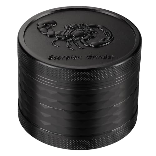 Spespo Herb Grinder, Aluminium Premium Grinder 2.5 Zoll(63mm) mit geprägter Cooler Skorpion, 4-teilig, großer Grinder mit Pollen-Schaber (Schwarz) von Spespo