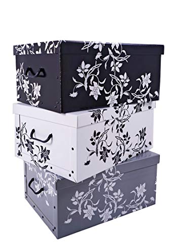 3er Set Aufbewahrungsbox mit Deckel je 51 x 37 cm - Blumenmuster - Stapelbox aus Pappe mit Griffen 45 Liter - Organizer Storage Box Allzweck Spielzeug Kiste Geschenk Karton Barock Design stapelbar von Spetebo
