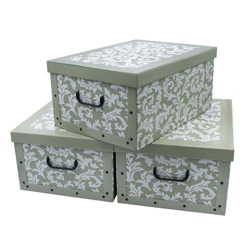 3er Set Aufbewahrungsbox mit Deckel 51 x 37 cm - Barock in oliv - Stapelbox aus Pappe mit Griffen 45 Liter - Organizer Storage Box Allzweck Spielzeug Kiste Geschenk Karton stapelbar von Spetebo