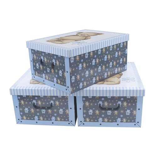 3er Set Aufbewahrungsbox mit Deckel je 51 x 37 cm - Teddy Bär - Stapelbox aus Pappe mit Griffen 45 Liter - Organizer Storage Box Allzweck Spielzeug Kiste Geschenk Karton stapelbar von Spetebo