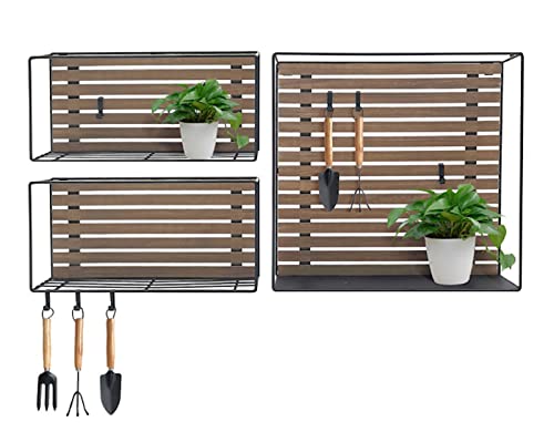 Spetebo 3er Set Hänge Wandregal aus Metall und Holz mit Haken - 40/37 cm - 3 Regale in 2 unterschiedlichen Größen - Design Hängeregal Bad Küchen Regal schwarz braun von Spetebo