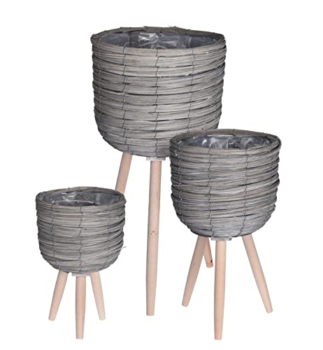 Spetebo 3er Set Rattan Blumenständer grau - Ø 30 cm / 25 cm / 21 cm - Pflanztopf auf Holz Beinen direkt bepflanzbar - Deko Blumen Topf Pflanz Kübel von Spetebo