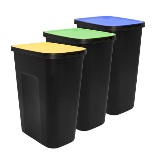 Abfalleimer schwarz mit farbigem Klappdeckel 3er Set - 50 L - Mülltrennsystem für Kunststoff Biomüll Altpapier - Müll Recycling System Abfallbehälter Mülltrennung Abfalltrennung von Spetebo