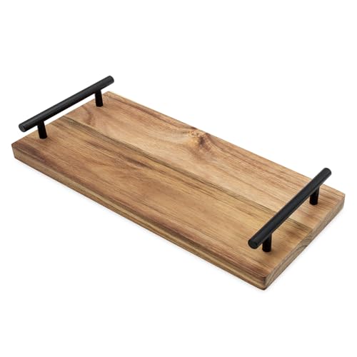 Akazienholz Serviertablett lebensmittelecht mit Metall Griffen - 37 x 17 cm - Holz Kerzenbrett rechteckig mit Tragegriffen in schwarz - Servierbrett Servierplatte Tisch Deko Kerzen Tablett von Spetebo