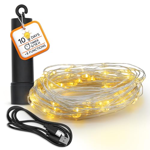 Akku Draht Lichterkette USB aufladbar bis 10 Tage Leuchtdauer mit Timer - 100 LED auf 10m - Außen Deko warm weiß mit 8 Funktionen - Weihnachten Garten Silberdraht Party Beleuchtung wasserdicht Akku Draht Lichterkette USB aufladbar bis 10 Tage Leuchtdauer mit Timer - 100 LED auf 10m - Außen Deko warm weiß mit 8 Funktionen - Weihnachten Garten Silberdraht Party Beleuchtung wasserdicht von Spetebo