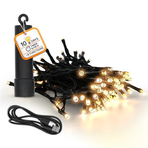 Akku Lichterkette per USB aufladbar bis 10 Tage Leuchtdauer mit Timer - 100 LED auf 7,4m - Außen Dekolicht warm weiß mit 8 Funktionen - Weihnachten Garten Pavillon Deko Beleuchtung wasserdicht von Spetebo