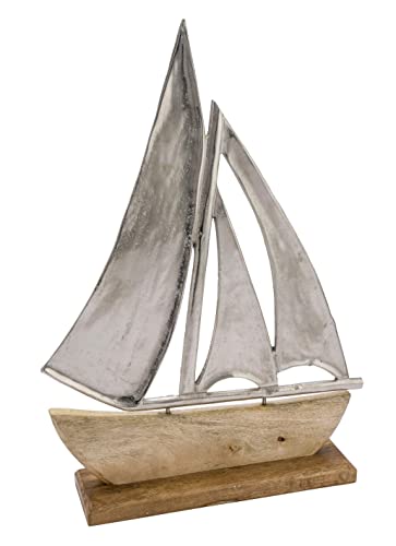Alu Schiff mit Standfuß aus Mangoholz - 40 cm / groß - Aufsteller Segelboot aus Metall und Holz - Maritime Küsten Deko Segelschiff Skulptur Tisch Figur Boot Schiff von Spetebo