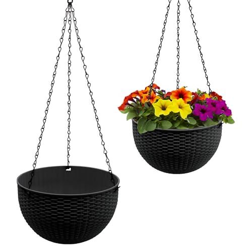 Blumenampel anthrazit in Rattan Optik 23 cm - 2er Set - Kunststoff Hängeampel mit Ablauf und Metallkette - Garten Deko Hänge Blumentopf Pflanztopf Pflanzschale Blumenschale Hängetopf Pflanzenhänger von Spetebo