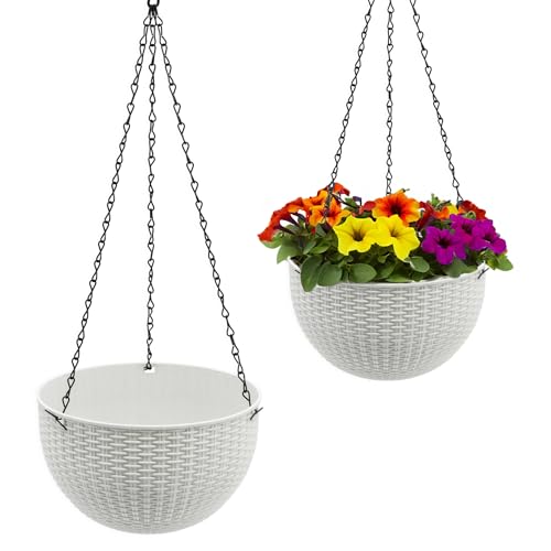 Blumenampel weiß in Rattan Optik 23 cm - 2er Set - Kunststoff Hängeampel mit Ablauf und Metallkette - Garten Deko Hänge Blumentopf Pflanztopf Pflanzschale Blumenschale Hängetopf Pflanzenhänger von Spetebo