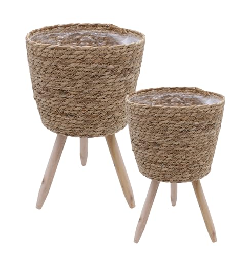 Blumenständer aus Stroh innen mit Folie 2er Set - Ø 26 und 23 cm - Rattan Pflanzenständer mit 3 Holz Beinen - Deko Blumentopf Pflanztopf Korb Topf mit Füßen für Zimmerpflanzen von Spetebo
