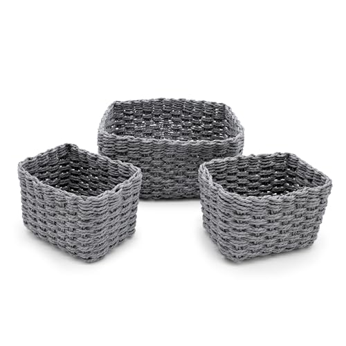 Deko Aufbewahrungs Körbchen in grau - 3er Set - Rattan Allzweck Flechtkorb aus Papier - Mehrzweck Rattankorb Bad Organizer stapelbar von Spetebo