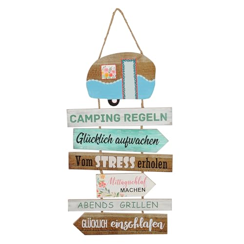 Dekoschild mit Camping Regeln - 62 x 35 cm - Deko Plankenschild zum aufhängen - Türschild Wanddeko Holzschild Spruch Tafel Richtungsweiser Wegweiser zum Hängen von Spetebo