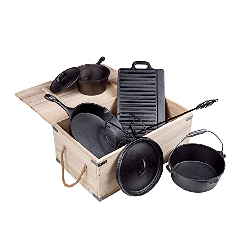 Spetebo Dutch Ofen Set aus Gusseisen in Holzkiste - 9-teilig - Grill Gusspfanne Grillpfanne Töpfe Guss bereits eingebrannt von Spetebo