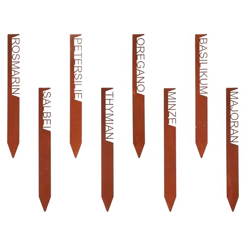 Eisen Kräuterstecker 25 cm Rost Design - 8er Set - Garten Deko Kräuterschild Edelrost Optik -Gartenschild Pflanzenstecker Rostschild Kräutergarten Beet Beschriftung Italienische Kräuter Mix von Spetebo