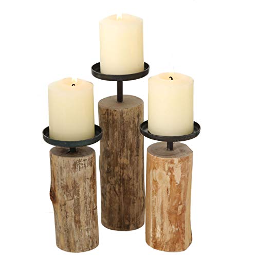 Eukalyptus Kerzenhalter im 3er Set - Metall Kerzenständer in 3 Größen - Massivholz Kerzenhalter rustikal auch für LED Kerzen da ohne Docht von Spetebo