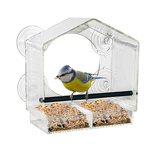 Fenster Futterhäuschen für Vögel - 20 x 18 cm - Transparentes Vogelhäuschen mit Saugnäpfen und Sitzstange - Vogel Futterstation Futterhaus Futterstelle Futterspender zum Befestigen an Glasscheiben von Spetebo