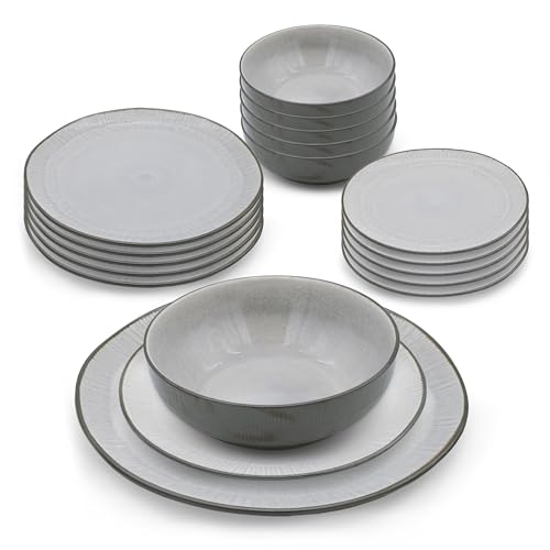 Geschirr Service aus Porzellan mit Steingut Optik in grau – 18 Teile - Tafelgeschirr für 6 Personen aus je 6x Kuchenteller Speiseteller Müslischale - Steinzeug Design Essgeschirr Set spülmaschinenfest von Spetebo